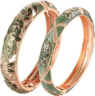 Spring-Hinge-Opening Vintage Rose Gold Bangle Bracelet with Rhinestones for Women, Handcrafted Enamel Design