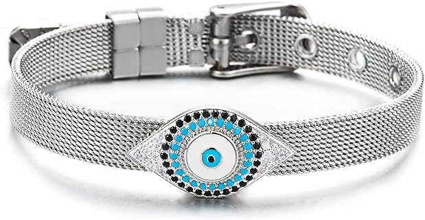 Evil Eye Mesh Chain Bangle Bracelet with Buckle Clasp and Cubic Zirconia for Women, Enchanting Grid Design by COOLSTEELANDBEYOND