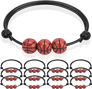 12 Pcs Basketball Charm Bracelets Basketball Wristbands Basketball Beads Bracelet Adjustable Inspirational Sport Ball Bracelet with Charm for Teens Adults Sport Birthday Party Gift Favors for Team
