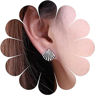 Vintage Silver Scallop Shell Dangle Earrings by Andelaisi - Zinc Sea Shell Inspired Studs with Push Back - Boho Chic Jewelry for Women and Girls