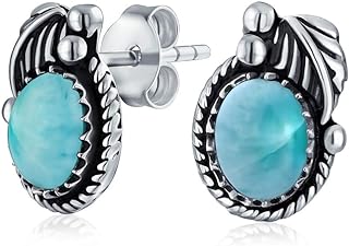 Native American Style Stabilized Semi Precious Gemstone Birthstones Oval Bezel Leaf Rope Edged Stud Earrings Western Jewelry For Women Oxidized .925 Sterling Silver