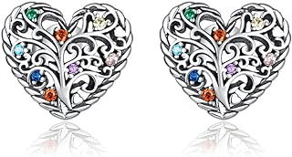 Filigree Love Heart Earrings for Women Girls 925 Sterling Silver Colorful Crystal Celthic Flourishing Tree Of Life Stud Tragus Lucky Post Pin Vintage Boho Jewelry Cute Dainty Gifts for Mother Wife