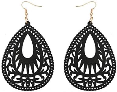 Bohemian Geometric Wood Earrings for Women Girls Vintage Natural Wooden African Lightweight Teardrop Dangle Earrings Statement Boho Jewelry