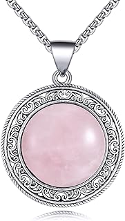 Round Gemstone Necklace Stainless Steel Round Pendant Healing Energy Crystals Semi-Precious Stones Jewelry Christmas Gift for Women Men