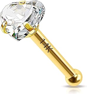 CHARMONLINE Women's Hypoallergenic 14k Solid Gold Nose Stud with Cubic Zirconia in Star, Heart & Round Designs - Gauge Size 20G