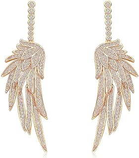 S925 Sterling Silver Post Dangle Drop Angel Wings Earrings for Women Girls Gold Blue Cubic Zirconia Crystal Guardian Angle Dangling Earrings for Wife Mom Her