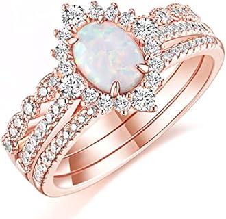 TIGRADE 1.5CT Oval Opal Bridal Ring Sets 3Pcs Rose Gold Stackable Rings Cubic Zirconia Engagement Halo CZ Wedding Band for Women Size 3-12