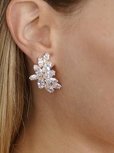 Gold Cubic Zirconia Crystal Bridal Earrings, Marquis Shape CZ Curved Clusters, Earrings for Wedding, Bridesmaids, Homecoming, Mother of the Bride