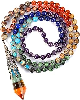 Jovivi 108 Mala Beads Bracelet Real Stones 7 Chakra Healing Crystals Necklace with 12 Facted Prism Pointed Pendant Reiki Energy Balancing Prayer Mala Beads for Meditation