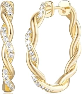 Elegant Women's 14K Gold Hoop Earrings with Snap Back and Twisted Design, Embellished with Cubic Zirconia, 28.6mm*4mm Size.