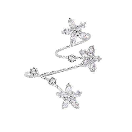 Two-Finger Statement Ring for Women, Fashion CZ Crystal Finger Adjustable Rings Cocktail Open Ring Leaf Wedding Party Prom Accessory Jewelry Gifts for Her