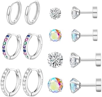 Surgical Stainless Steel 3mm Hoop Earrings with Cubic Zirconia, Push Back for Women - Stylish and Hypoallergenic Stud and Hoop Earring Set for Sensitive Ears with CZ Nap Studs for Cartilage