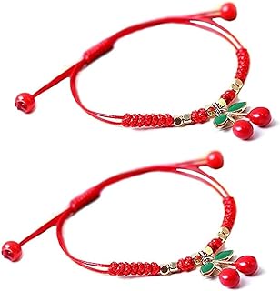 Pingyongchang H&Z 2Pcs Summer Fruit Strawberry Cherry Bracelet Handmade Weave Red Rope Adjustable Beaded Bracelet for Women Girls Best Friends Friendship Jewelry Gifts