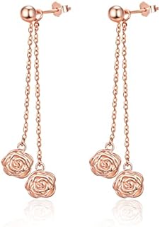 La Pousette-Back, Sterling Silver Rose Dangle Earrings, Double Chain Design with Cubic Zirconia for Women and Girls