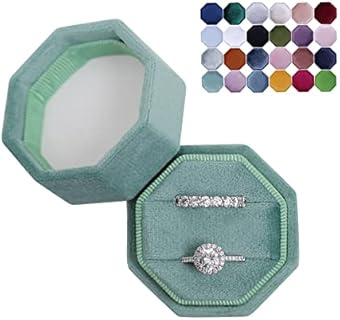 BLUTETE Velvet Keepsake Wedding Rings Box in Green Emerald with Double Slots for Women, Octagonal Design