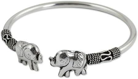 NOVICA Artisan Handmade Sterling Silver Cuff Bracelet Artisan Crafted Elephant No Stone Thailand Animal Themed [6.75 in L (end to End) x 0.1 in W] ' Proud Elephant'