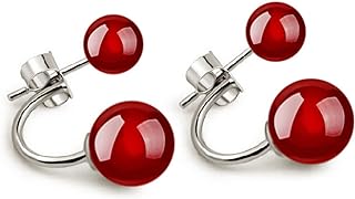 French Clip Double Onyx Stud Earrings for Women with Copper Material, 925 Sterling Silver Jewelry