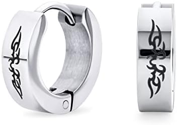 Biker Jewelry Small Laser Etched Cross Dragon Light Bolt Stars Eagle Skulls Lizard Greek Key Hoop Kpop Huggie Earrings For Men Women Teen Black IP Silver Gold Tone Plated Stainless Steel .50" Diameter