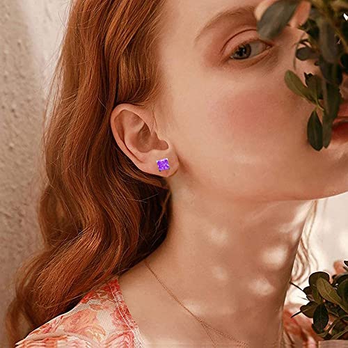 Princess Cut Birthstone Earrings for Women Mom, Genuine or Created Sparkle Birthstone Jewelry 18K White Gold Plated S925 Sterling Silver Solitaire Birthstone Stud Earrings for Women Mom Birthday Gifts