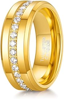 TRUMIUM 6mm 8mm Mens Wedding Band Tungsten Rings for Men with White Cubic Zirconia Eternity Ring CZ Inlaid Gold Mens Rings Beveled Edges Comfort Fit Size 7-13