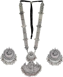 Designer Ethnic Indian Silver Oxidized Fashion Handmade Statement Afghani Tribal Beads Long Necklace Earrings Set