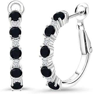 Sterling Silver Black Onyx and White Moissanite Hoop Earrings for Women with Lever Back and Round Cut Design
