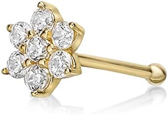 Lavari Jewelers 22 Gauge White Cubic Zirconia Straight Bone Flower Nose Ring in 14k White or Yellow Gold Straight Stud I 4.5mm Hypoallergenic Nostril Piercing Jewelry I CZ 22G Body Piercing