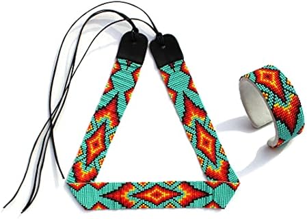 Turquoise Leather Cuff Bracelet in Glass Beads, Native American Style Weavish Design with Beaded Hatband for Adults, Southwestern Cowboy Collection