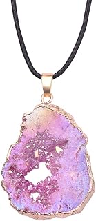Natural Agate Slice Druzy Necklace - Irregular Slice Natural Quartz Geode Pendant Necklace with Gold Plated Edge, Bohemian Natural Stone Jewelry for Women