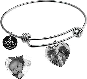 Custom Photo Picture Laser Engrave Personalized Heart Dangle Charm Tag adjustable Wire Bangle Bracelet Memorial Boyfriend Girlfriend Couple