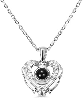 AILIN Custom I Love You Necklace 100 Languages 925 Sterling Silver Angel Wings Personalized Photo Projection Necklaces Heart Pendant Gifts For Women Her Girl Girlfriends