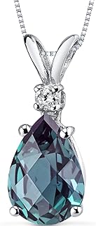 14K White Gold Alexandrite Pendant Necklace with Diamond Accent, Box Chain and Spring Ring Clasp for Women, Color Changing Pear shaped 10x7mm