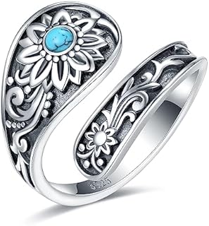 Sterling-Silver Sunflower Spoon Rings - Sunflower Turquoise Adjustable Ring Boho Victorian Vintage Flower Thumb Statement Rings Jewelry Gifts for Women