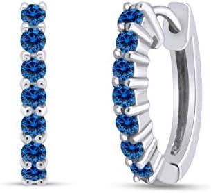 14k White Gold Plated Sterling Silver Hoop Earrings with Hidden Snap Posts and Simulated Blue Topaz