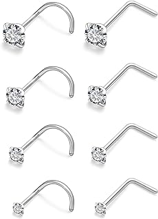 20g Titanium Nose Ring Set with Cubic-Zirconia Gems for Women and Men, L-Shaped & Screw-Style Designs, Hypoallergenic & Implant-Grade