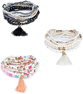 COLORFUL BLING 3 Packs Boehmia Beaded Tassel Stretch Bracelet Layered Multicolor Boho Fringe Stackable Braclet Set Statement Jewlery for Women Girls