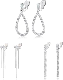 HZMAN 3Pair Clip on Earrings for Women Girl Non Pierced Silver Long Tassel/Teardrop Crystal Cubic Zirconia Dangle Drop Earring Party Wedding Jewelry Gift
