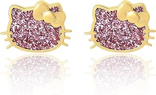 Sanrio Hello Kitty Womens Pink Glitter Stud Earrings - 18kt Flash Plated Sterling Silver Hello Kitty Earrings Official License