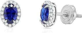 Poshadime 6X4MM Oval Shape Simulated Blue Sapphire & 0.29 Cttw Real Diamond Halo Stud Screw Back Posts Earrings In 14k White Gold Plated 925 Sterling Silver