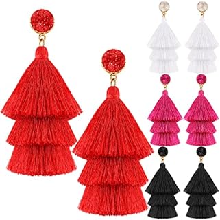Chic & Vibrant 4-Pair Tassel Dangle Earrings with Artificial Gemstones & Alloy Details, French Wire Back, Perfect Gift for Women & Girls - Red, Pink, White & Black Sets
