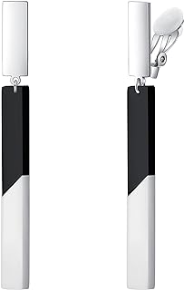 Clip-on Earrings for Women Dangle Black & White Bar, Comfortable Lightweight & Hypoallergenic Simple Minimalist Dangling Drop Earring for Non-Pierced Ear, Keloid Earing