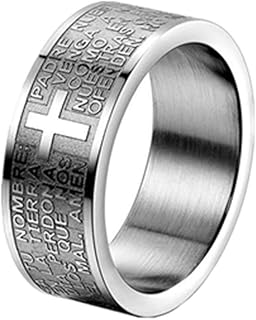JewelryWe Anillo de Compromiso en Acero Inoxidable, con Cruz y Oración del Padre Nuestro, Plateado y Clásico, Tamaño 11.5, Ideal como Regalo Original de Boda o para Uso Diario