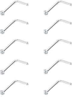 Sllaiss 10Pcs 22G Sterling Silver Small L Shape Nose Ring Studs for Women Mens Czech Crystal Curved Nose Piercings Set Body Jewelry Hypoallergenic