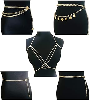 Tornito 5-6Pcs Boho Multilayer Coins Waist Chain Butterfly Sunflower Disc Golden Waist Belt Tassel Chest Sexy Body Belly Chain Double O Ring Summer Beach Bikini Bra Chain Adjustable Body Harness for Women