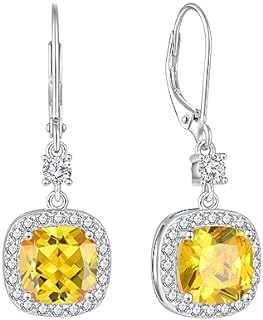 Women Leverback Earrings 925 Sterling Silver Princess Cut Halo Earrings Birthstone Dangle Drop Earrings for Women Her Mom Wife Girlfriend
