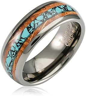 100S JEWELRY Gunmetal Gray Tungsten Rings For Men Turquoise & Whiskey Barrel Wood Grain Inlay Wedding Promise Engagement Band Size 6-16