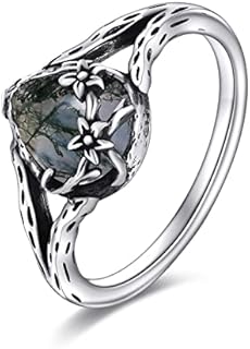 POPLYKE Sterling Silver Teardrop Moss Agate Engagement Ring for Women, Nature-Inspired Design
