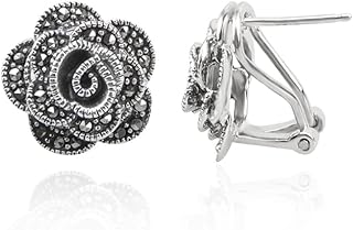 Marcasite Stud Earrings with Push Back, Sterling Silver Rose Design for Women, JadeAngel Vintage Jewelry Collection