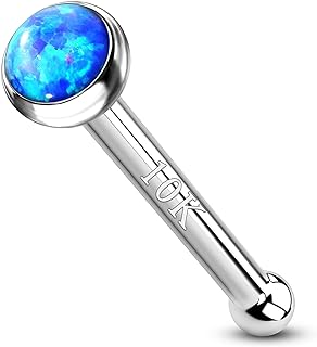 COCHARM 10k White Gold Nose Stud 20g White Gold Blue Opal Nose Ring Stud for Women White Gold Nose Bone Nose Piercing White Gold Nose Pin