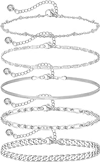 Melshabt Sterling Silver Ankle Bracelets for Women Strong Lobster Clasp - Cuban Link, Figaro, Rope, Flat Mariner, Snake Herringbone, Satellite, Paperclip - Summer Beach Waterproof Silver Anklet